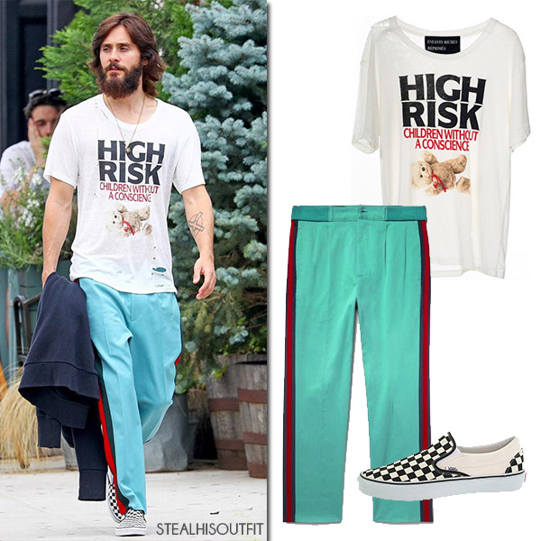 Jared Leto in green Gucci trousers and t-shirt