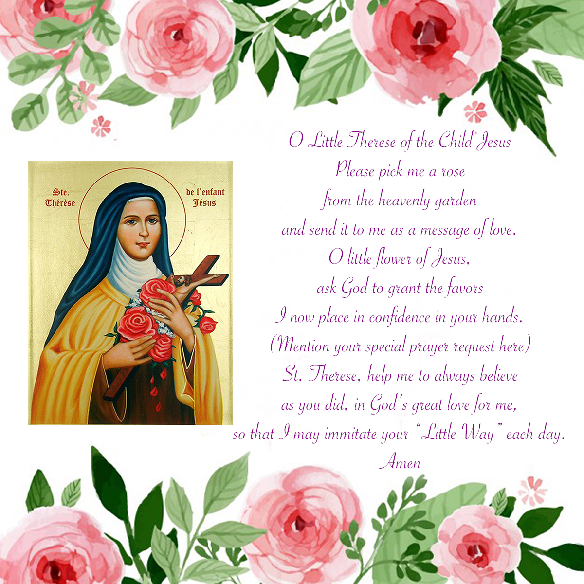 Prayer To Saint Therese Of The Child Jesus