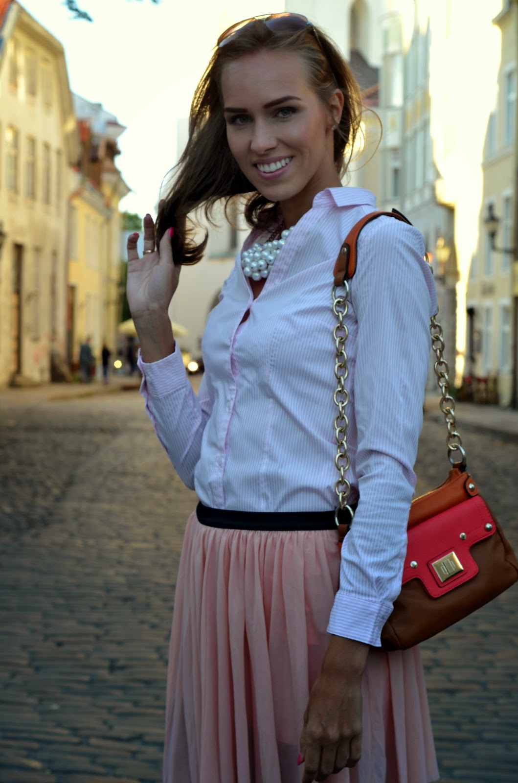 pearl necklace striped shirt global accessories bag pink skirt