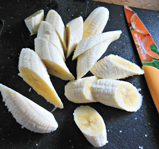 Bananas in Orange Caramel Sauce begins with thickly sliced bananas!
