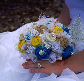 turquoise and yellow burlap, lace and feather bridal bouquet