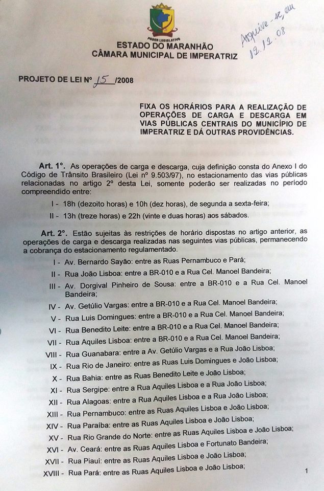 Projeto de Lei que fixa horários de cargas e descargas no Mercadinho e