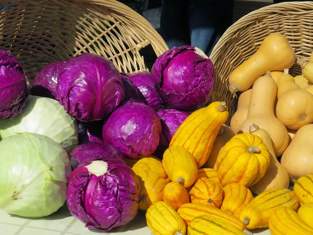 basket of cabbage and squash at the San Mateo Farmers Market