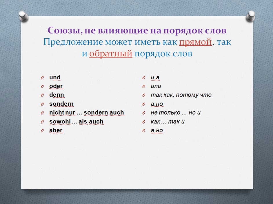 Союзы в немецком языке таблица