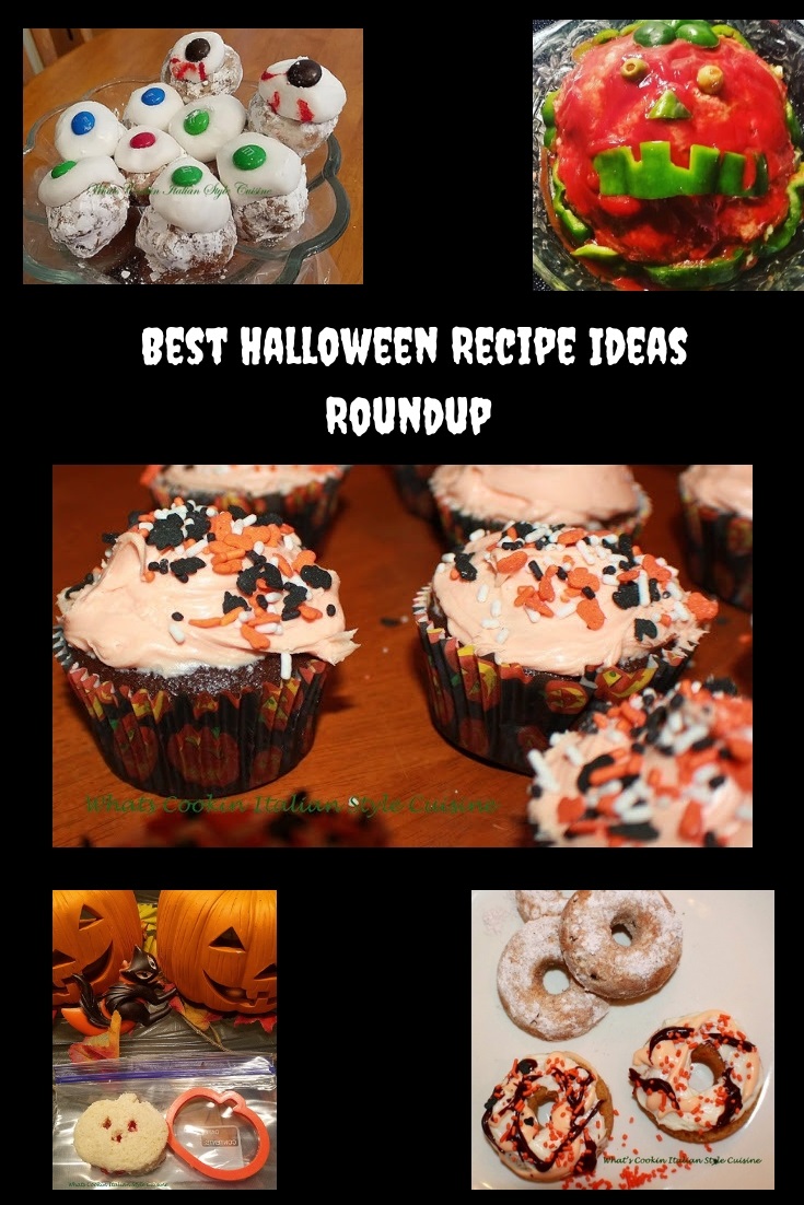 this is a collage of recipes for a halloween party with cheesecalls, pumpkin heads, ghoulish treats, brownies wiht head stones, pumpkin cookies and mummy's  cupcakes, donuts, pumpkin sandwiches, halloween party treats and tricks