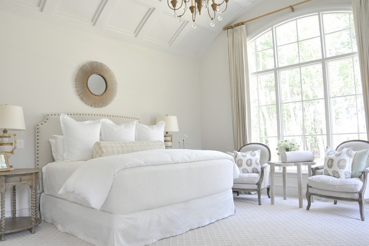 Just A Touch Of Gray Upholstered Headboards What A Gorgeous Neutral E This Is I Love The Curved And Detailed Ceiling Comfy Yet Elegant Chairs Starburst Mirror Above Bed