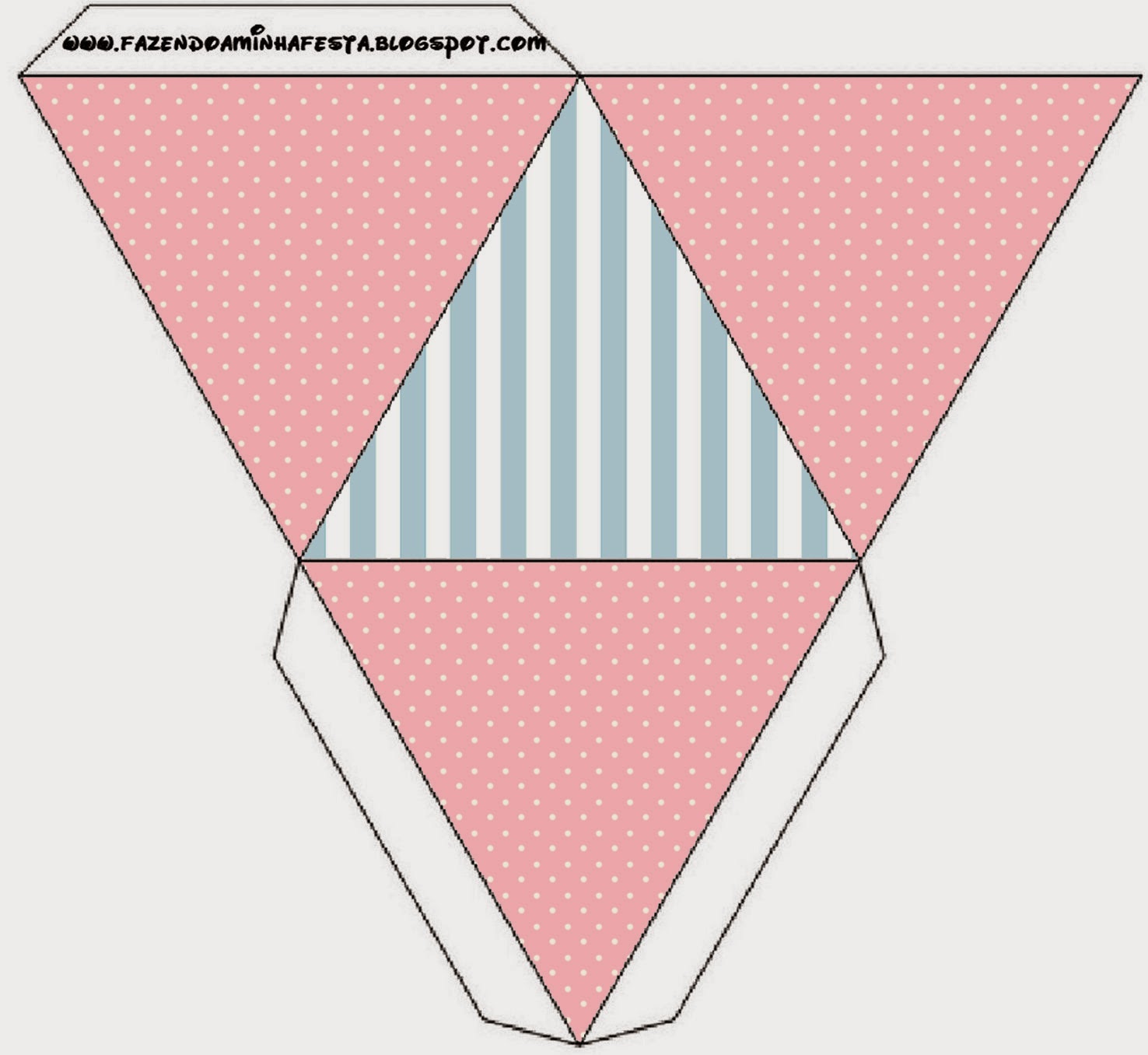 Caja con forma de pirámide de Rosado, Blanco y Celeste.