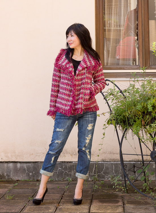 Butterick 5958 Hot Pink Fringe Jacket Cat in a wardrobe