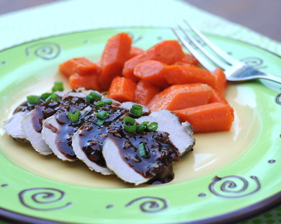 Hoisin & Honey Pork Tenderloin with Butter-Simmered Carrots Roasted, another Quick Supper ♥ KitchenParade.com, topped with a quick sauce of hoisin, soy sauce and honey and served with extra-flavorful, healthy carrots. Weight Watchers Friendly. High Protein. Weeknight Easy. Gluten Free. Great for Meal Prep.