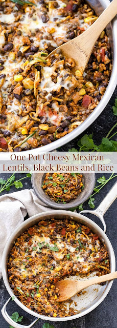 One Pot Cheesy Mexican Lentils, Black Beans And Rice