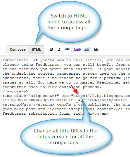 Blogger post editor in an HTML mode