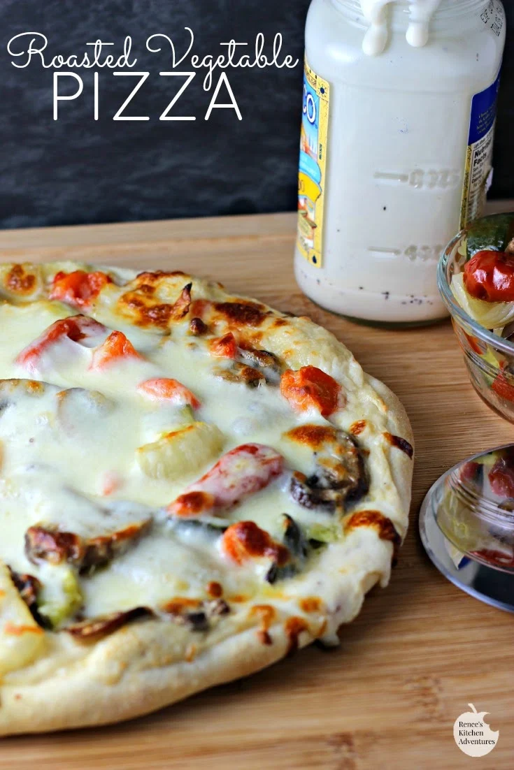 Roasted Vegetable Pizza | Renee's Kitchen Adventures - Roasted vegetables, Alfredo sauce and cheese make a healthy, meatless pizza. 