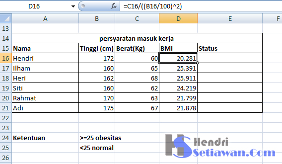 Rumus Microsoft Excel Fungsi If Menghitung Bmi Hendri Setiawan