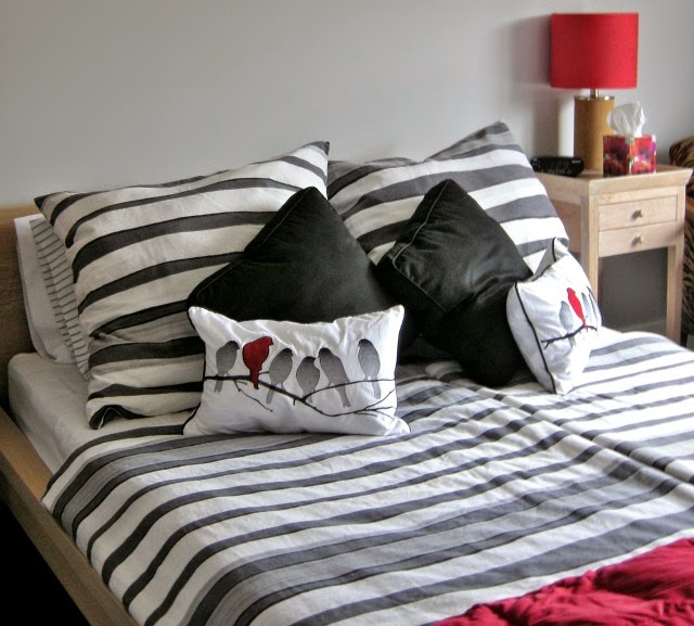 european duvets, striped bedding, red accent bedroom, accessories 