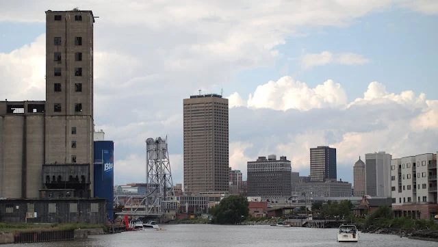 View of downtown Buffalo on our boat cruise of the Buffalo River
