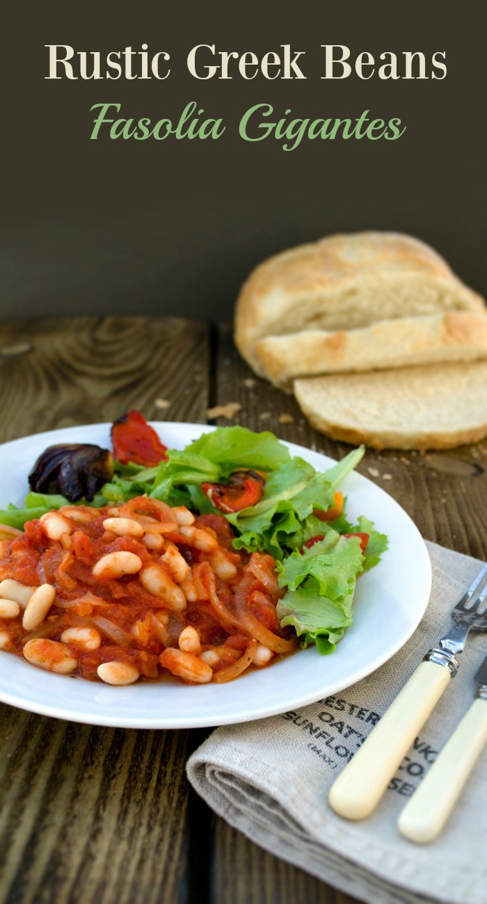 Rustic Greek Beans (Fasolia Gigantes).A rich bean stew high in protein, fibre and iron. Easy to make and very tasty. Serve with crusty bread and salad or steamed vegetables, Suitable for vegetarians and vegans.
