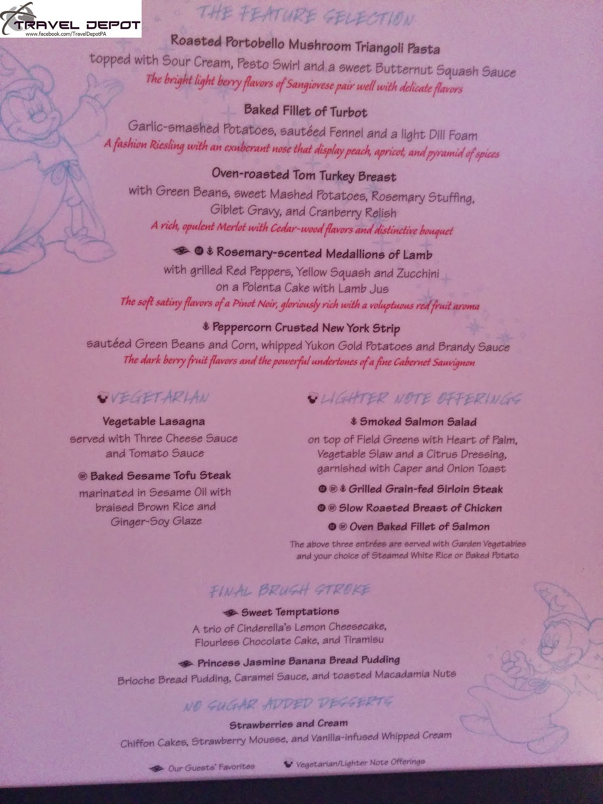 Main Dining Room menus aboard the Disney Magic Cruise Ship Travel Depot