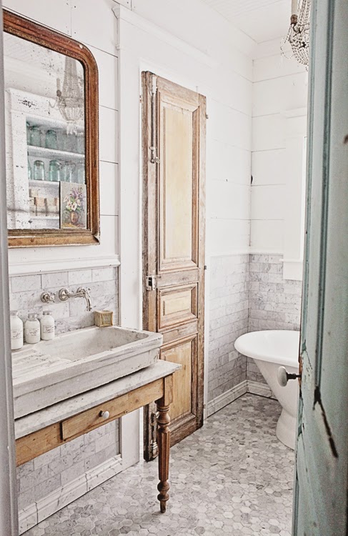 Dreamy Whites: French Inspired Bathroom Remodel, Carrera Marble Subway Tile,  Hex Tile, and a French Stone Sink