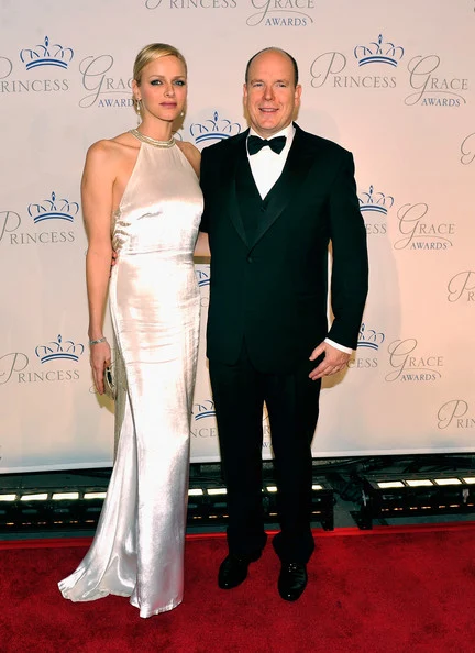 Princess Charlene was dressed in an ivory satin halterneck gown, with her blonde hair pulled back at Princess Grace awards gala
