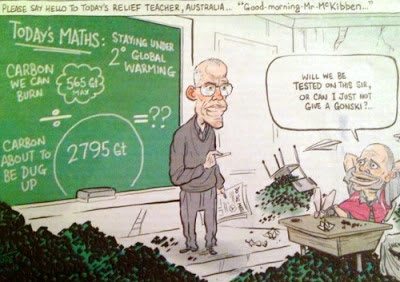 Cartoon of Bill McKibben explaining the maths of carbon emissions