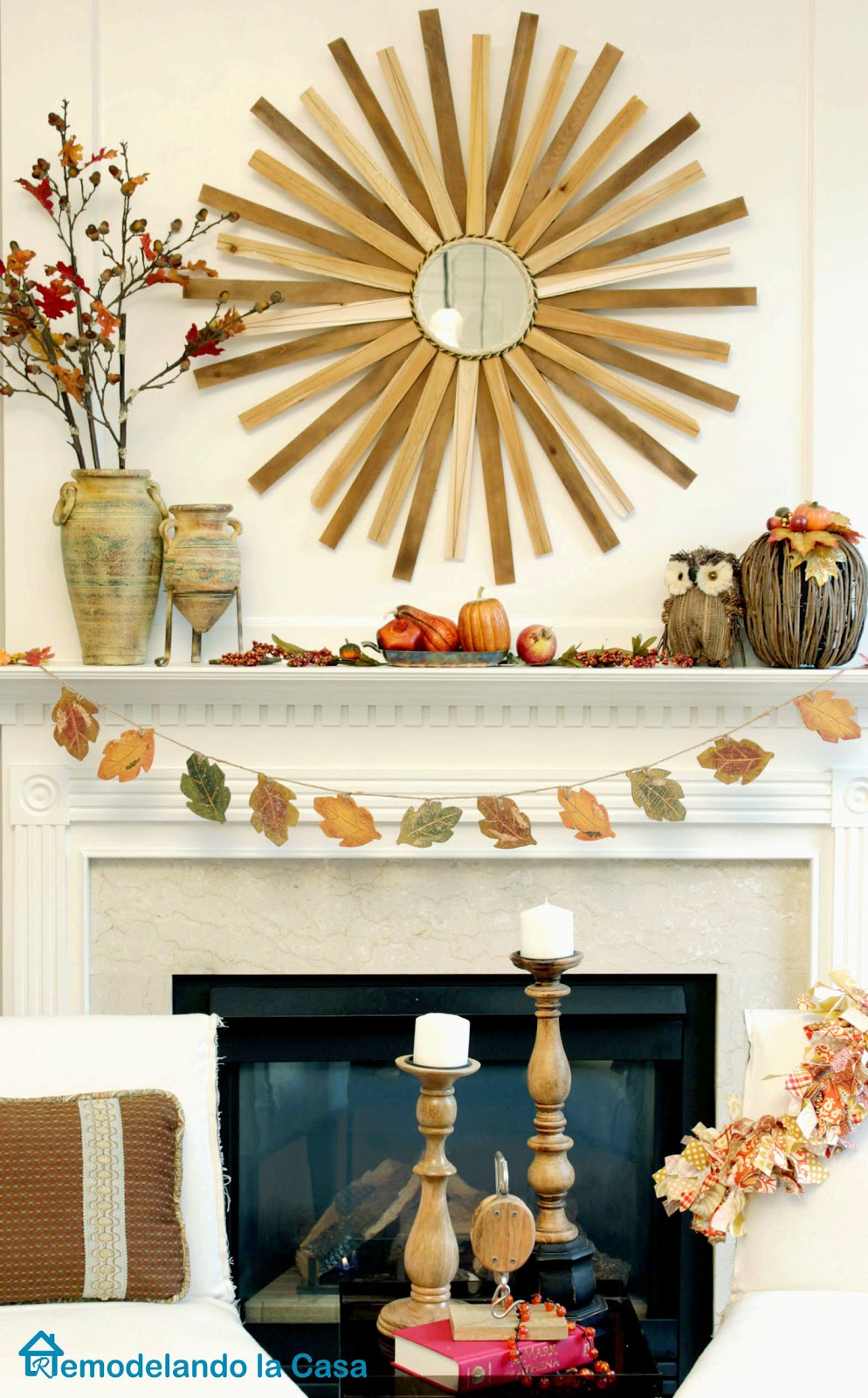 fall mantel with leaves garland, owl, pumpkin, branches and sunburst mirror