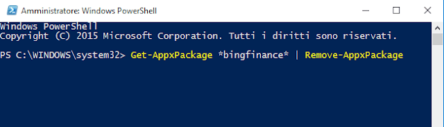 Comando PowerShell per disinstallare app integrate Windows 10