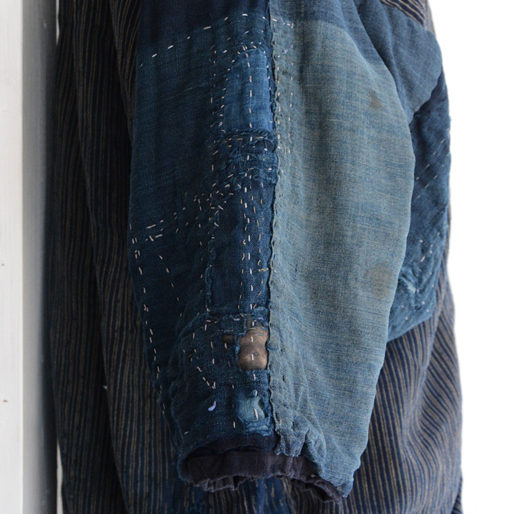 着物リメイク浅葱色の藍染×縞木綿の総刺し子敷物 襤褸 aizome boro
