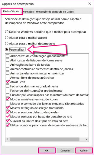 Opções de Efeitos Visuais para ajudar ao PC rapido Opções de Efeitos Visuais para ajudar ao PC rapido