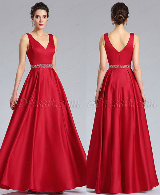 Red Beaded waistline Plunging V Neck Formal Prom Dress