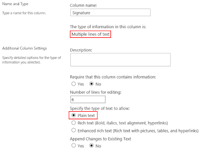 SharePoint 'Multiple lines of text' field with picked 'Plain text' option