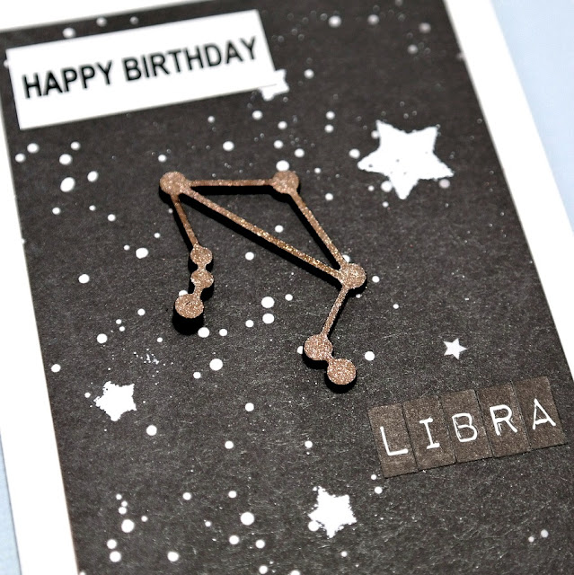 September Birthday Chipboard Libra Constellation Card with Heat Embossed Star Galaxy Background