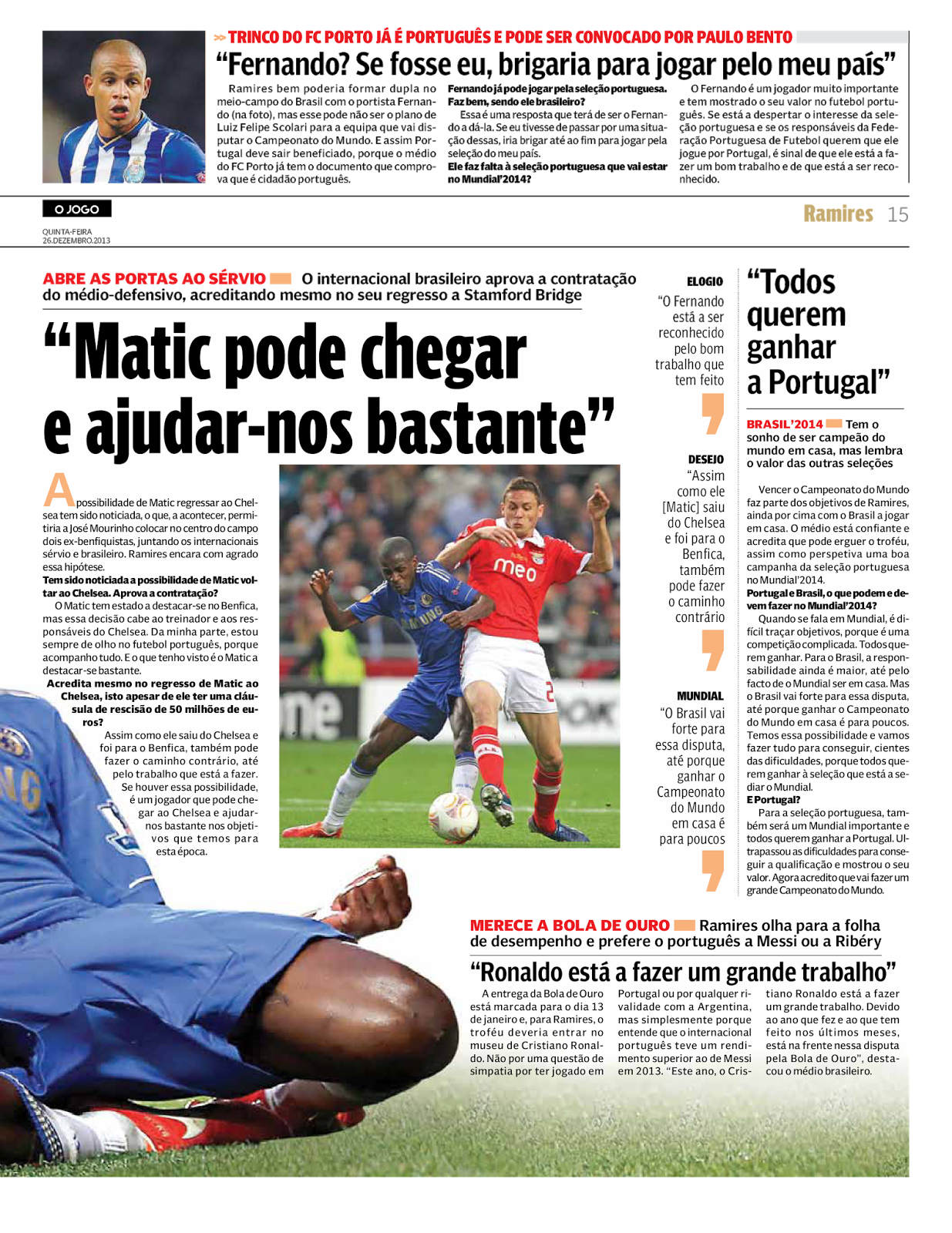 Ramires - entrevista - Fiquei surpreendido pelo Benfica sair da Champions