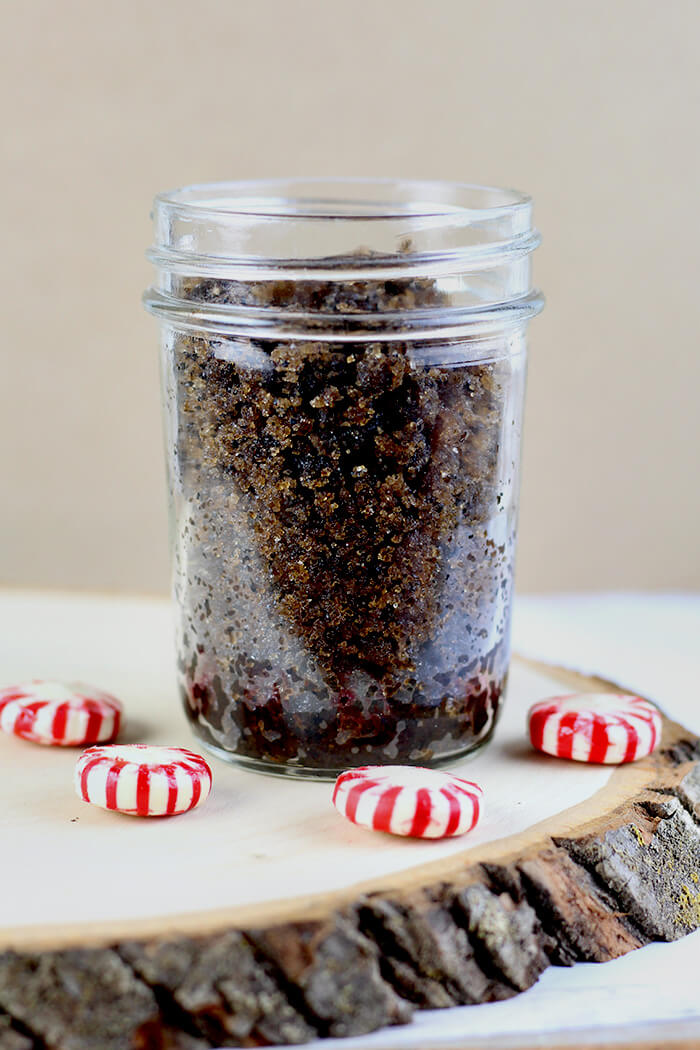 This homemade peppermint scrub recipe is great for your body.  A chocolate peppermint sugar scrub like this smells amazing!  This makes a great peppermint hand scrub diy or peppermint sugar scrub homemade for your body.  This sugar scrub peppermint makes a great gift, or make this homemade peppermint sugar scrub for yourself.  Along with coffee, this chocolate peppermint sugar scrub naturally exfoliates your skin for better looking skin.  #bodyscrub #scrub #sugarscrub #diy #peppermint #mocha #coffee #peppermintscrub #mochascrub #coffeescrub