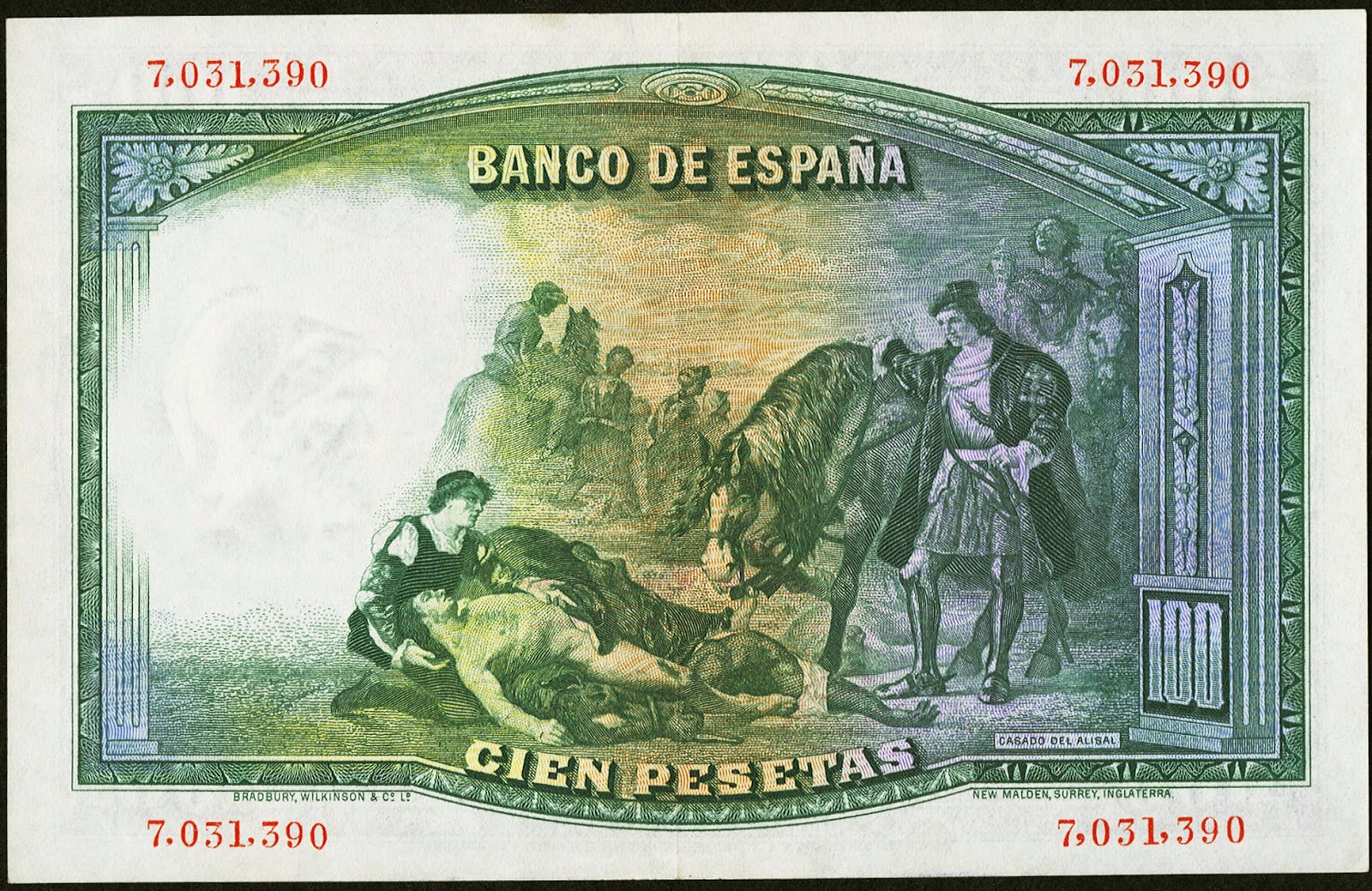 Spain money currency 100 Pesetas banknote 1931 Painting José Casado del Alisal