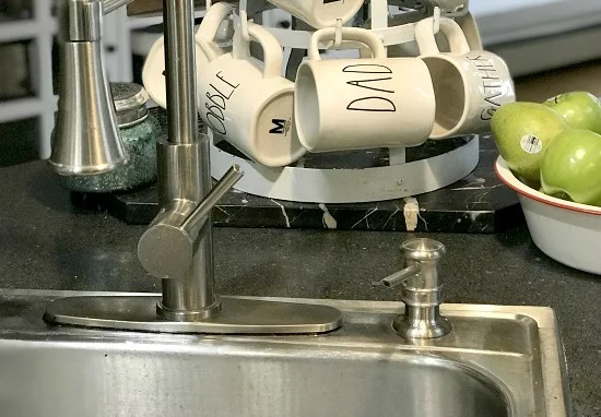 A Sink-Side Tray With DIY Soap Bottle Labels (Kitchen Organization