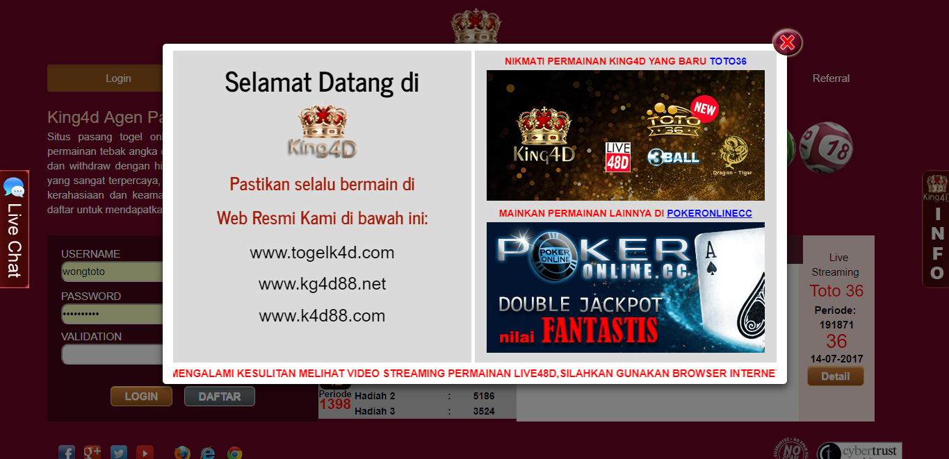 BANDAR TOGEL ONLINE AMAN DAN TERPERCAYA KING4D AGEN TOGEL