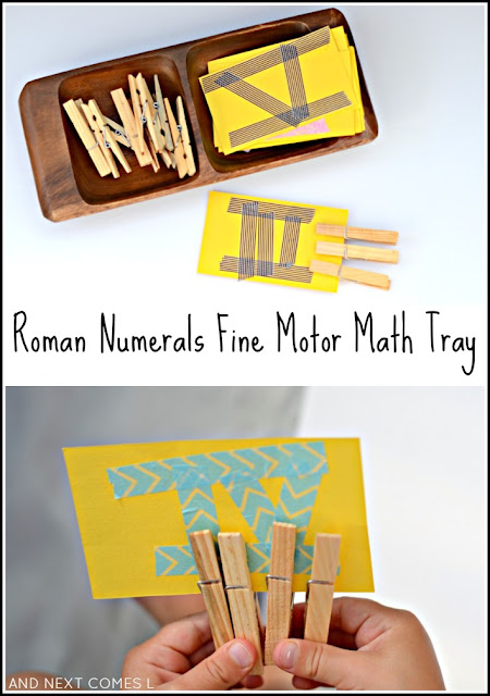 Learn Roman numerals, practice counting, and work on fine motor skills with this simple elementary math tray for kids from And Next Comes L