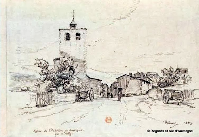 dessin de l'église de chateldon, puy-de-dôme
