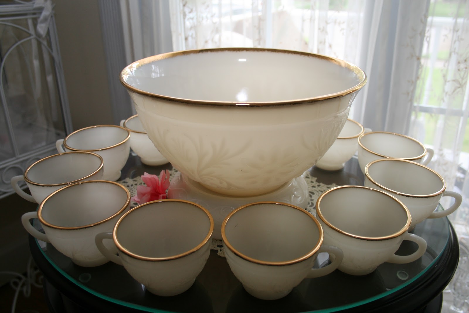 Mary the Glass Lady Anchor Hocking Milk Glass Ivory 22K Gold Trim