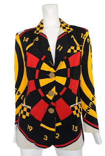 A Moschino blouse styled to look like a dart board