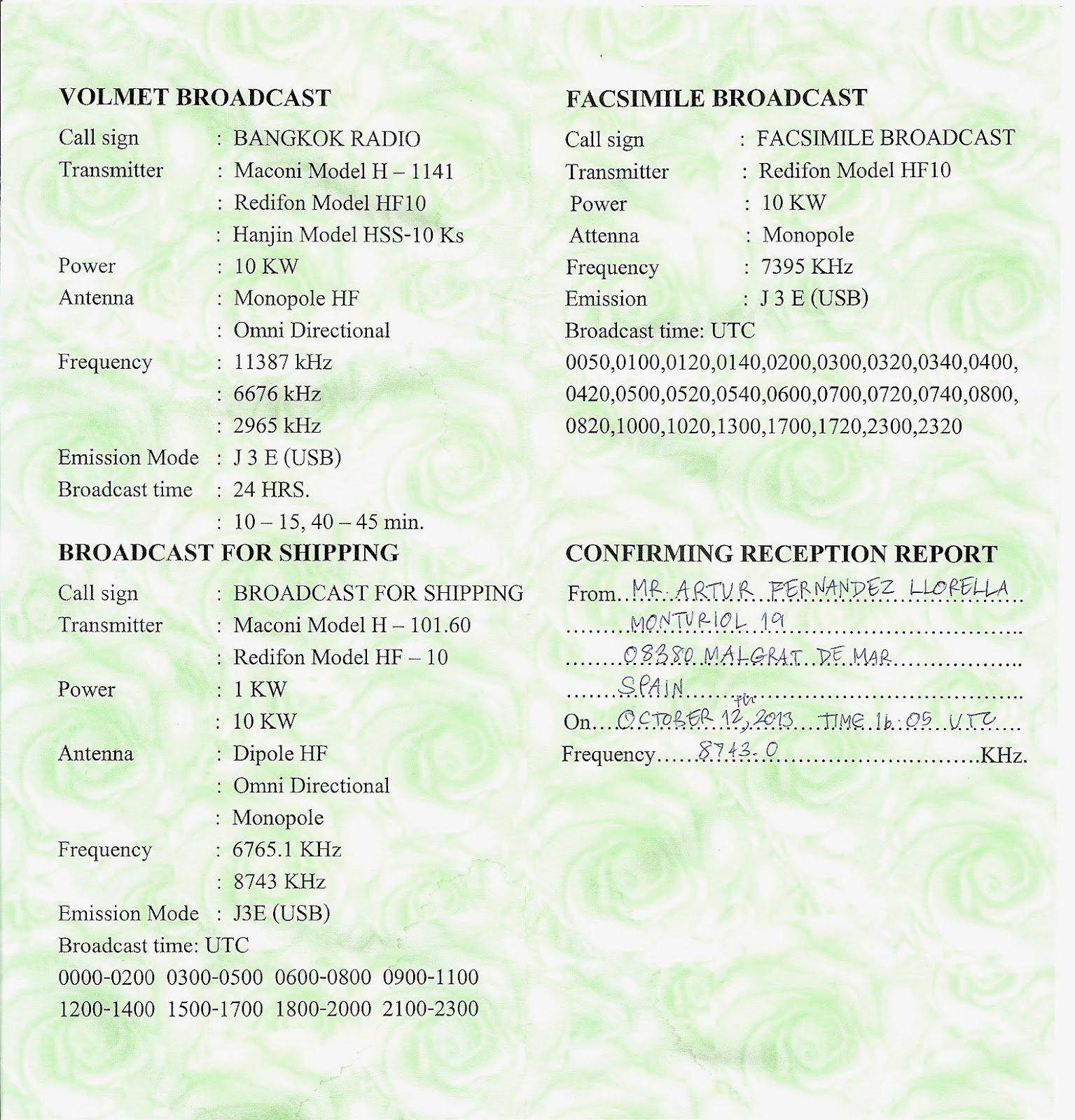 MARESME DX QSL Bangkok Radio