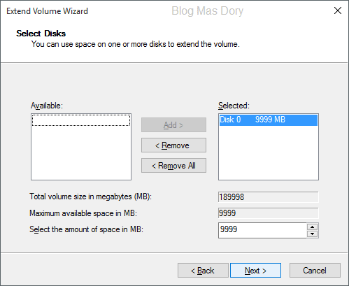 Extend volume wizard, select disk, klik next, Blog Mas Dory