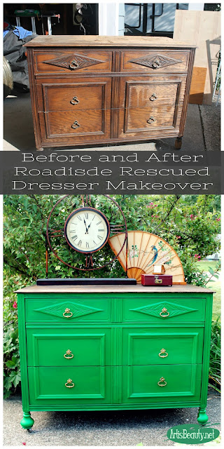 before and after Roadside Rescued Dresser Makeover Emerald Green Eclectic Boho style 