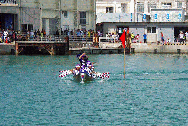 boat, rowing, purple uniforms, team, flags