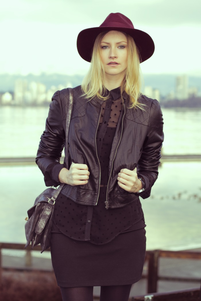 Vancouver Fashion Blogger, Alison Hutchinson, wearing Forever 21 black faux leather jacket, zara sheer black polka dot blouse, urban outfitters black bodycon skirt, topshop black leather western boots, H&M burgundy hat, Botkier silver bag