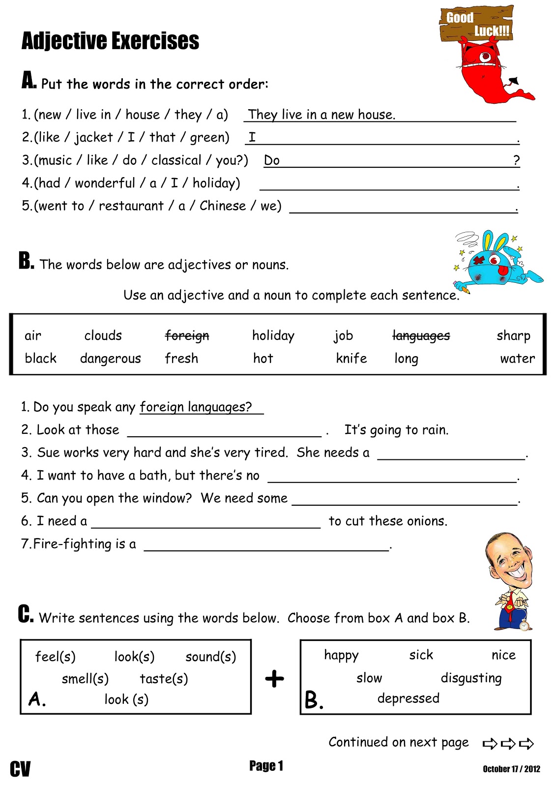 Adjective Worksheets For High School