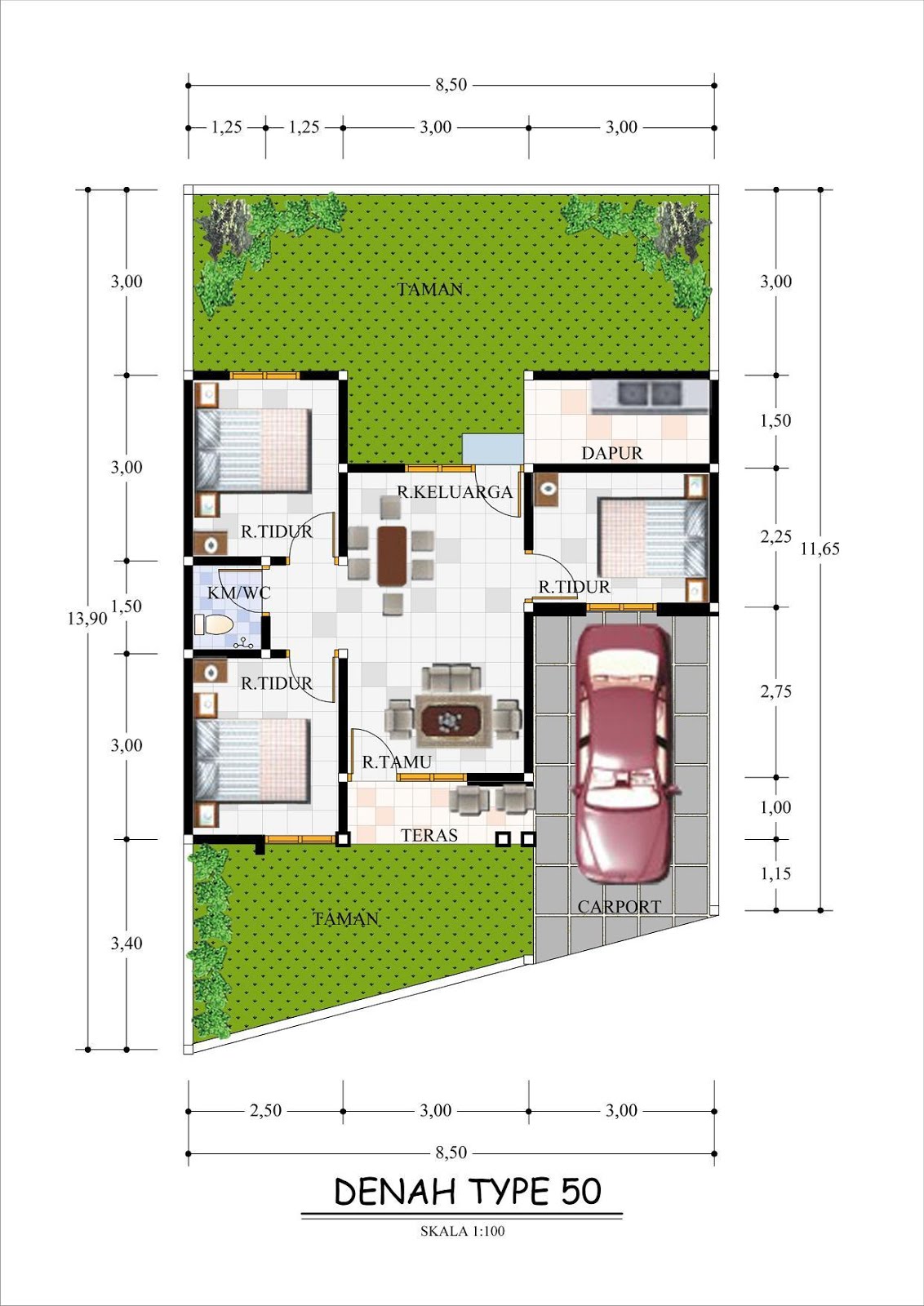 10 Inspirasi Denah Rumah Minimalis 1 Lantai Type 50 Desain Rumah