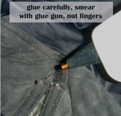 apply glue on the hole to close the fabric and hold the underwire tight