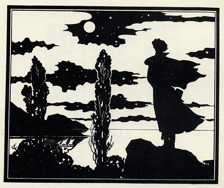 Art Nouveau silhouette of cloudy sky and lake and man on shore
