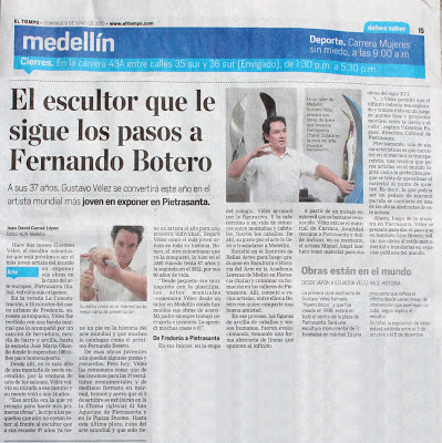 Periódico El Tiempo. El escultor que le sigue los pasos a Fernando Botero
